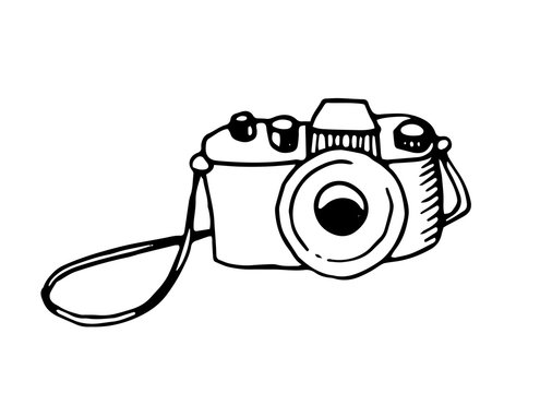 Vector outline illustration of photo camera in doodle primitive style. Simple hand drawn sketch in black and white. Isolated on white background