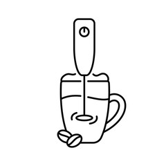 Foam maker whips milk froth for coffee drink. Handheld electric frother, glass cup, beans. Making cappuccino, latte or dalgona. Linear illustration of portable kitchen mixer. Contour isolated vector