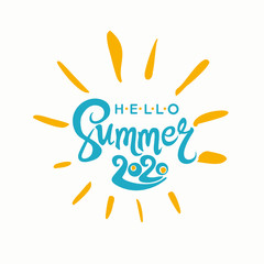 Hello Summer 2020. Round vector logo lettering in the sun.