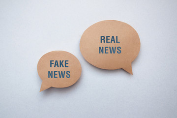 A concept image of two conversational clouds on one is written: fake news, on the other: real news....