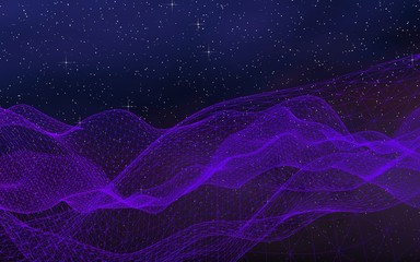Abstract ultraviolet landscape on a dark background. Purple cyberspace grid. hi tech network. Outer space. Violet starry outer space texture. 3D illustration