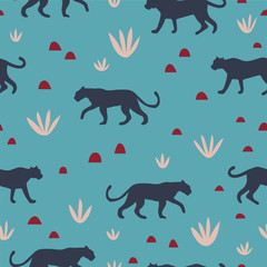 multi lokal panther in nature leaves Seamless pattern on turquoise background © MW Studio