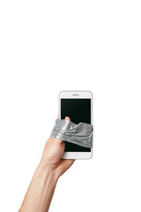 Phone taped to hand isolated on white background, clipping path