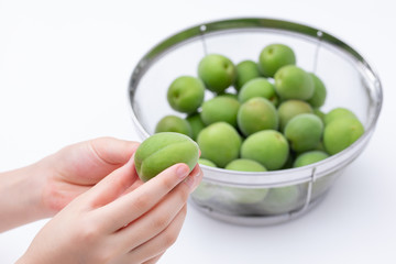 青梅　梅酒作りの準備　ザルの中のたくさんの青梅から形の良いものを選ぶ女性