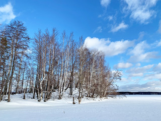 Russia, Chelyabinsk region. Small island on lake Uvildy in winter cloudy day
