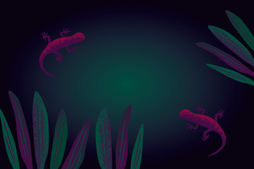 Fototapeta premium Vector tropical leaves and gecko background illustration