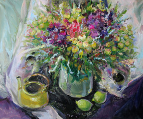 still life with exotic flowers and limes in purple tones, oil painting