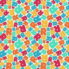 Letter R mosaic, kaleidoscopic colorful seamless pattern for kids. Isolated on white. Print for textile, book cover, wallpaper,decoration, greeting card, gift wrap. Stock vector illustration.