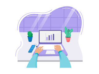 Hand typing on notebook in working space office illustration.