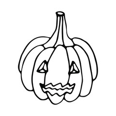 Isolated hand drawn vector illustration of pumpkin with face and smile in doodle style. Black and White. Halloween's element for party, poster,  invitation, any design.