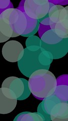 Multicolored translucent circles on a dark background. Green tones. 3D illustration