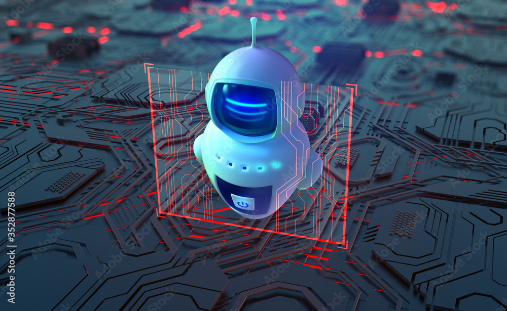 Poster Robot, chat bot, android and digital evolution of robotics. Future processor development technologies. 3D illustration of quantum cyberspace. AI and global data