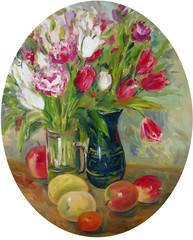 oval still life with tulips and fruits, oil painting