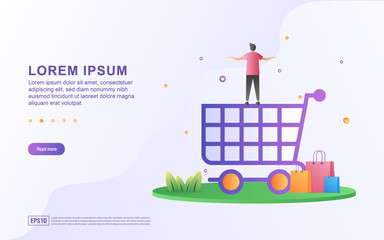 Illustration of online shopping and e commerce with shopping cart and shopping bags icons