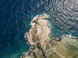 Aerial view of a church on a Greek island