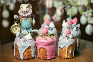 Easter Cake - Russian and Ukrainian Traditional Kulich, Paska Easter Bread. Selective focus.