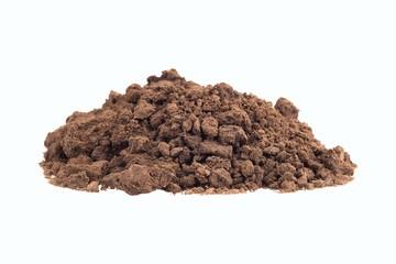 A pile of soil.View of a pile of brown soil located on a white background.