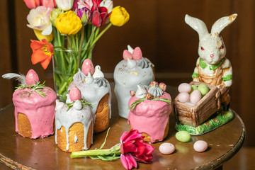 Easter Cake - Russian and Ukrainian Traditional Kulich, Paska Easter Bread. Selective focus.