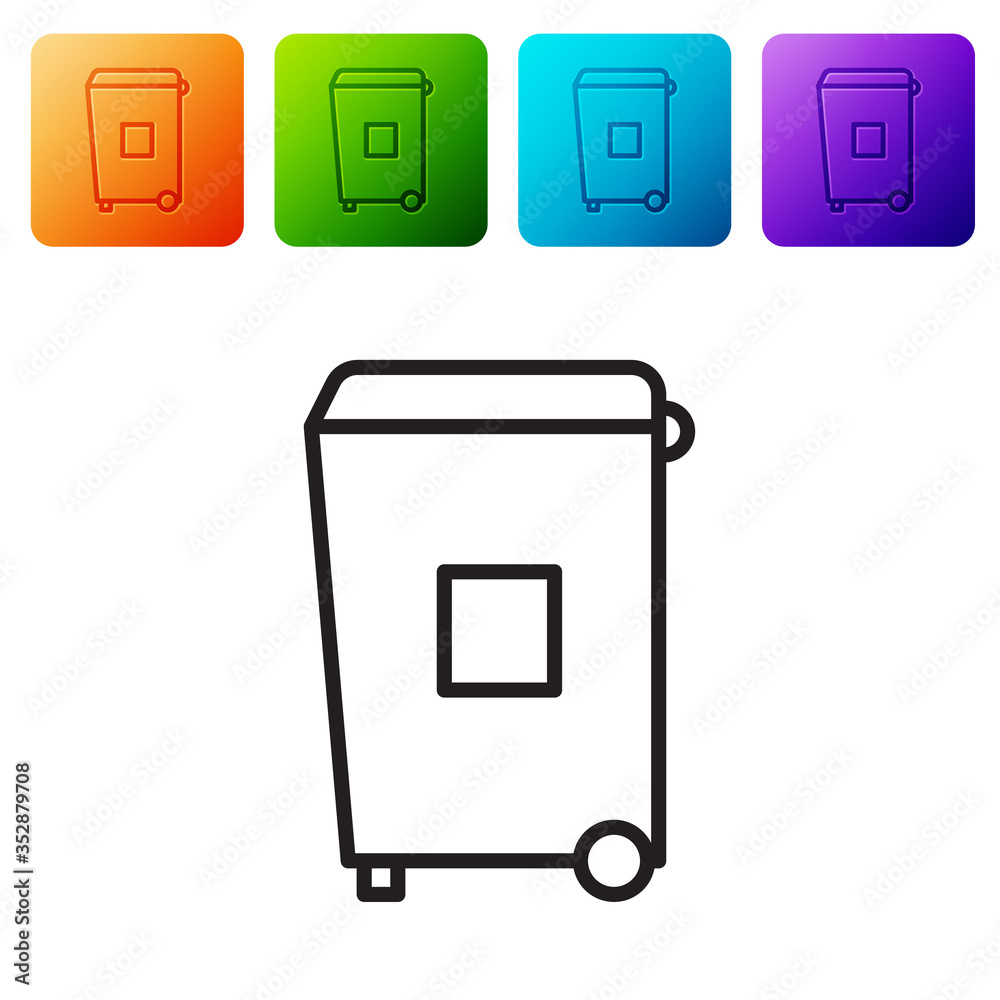 Sticker Black line Trash can icon isolated on white background. Garbage bin sign. Recycle basket icon. Office trash icon. Set icons in color square buttons. Vector Illustration