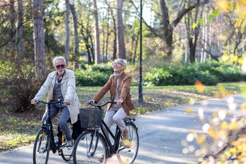 Mature couple ride bicycles in public park and smile