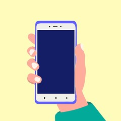 Hand holding smartphone with blank white full screen on yellow background. Vector cartoon hand drawn illustration