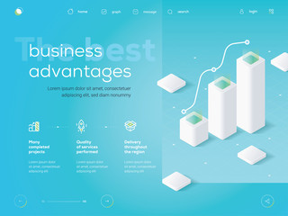 Advantages of company. Workflow, growth, graphics. 3d infographic design template. Vector illustration for strategic business planning. Used for business presentation, web site, marketing project 