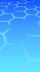 Translucent, with breaks, honeycomb on a gradient blue sky background. Perspective view on polygon look like honeycomb. Isometric geometry. 3D illustration