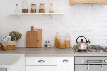 Kitchen at home with white modern interior