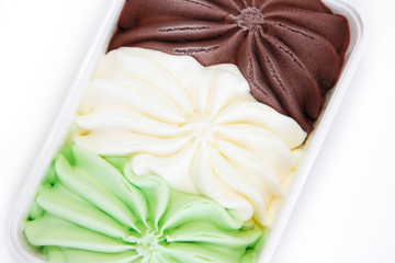 sweet white cream, green pistachio, brown chocolate ice cream