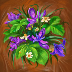 Siberian iris and blooming strawberries, digial painting suitable for poster