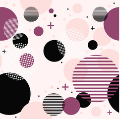 Seamless pattern with circles. Pink, purple circles. The Memphis style. Geometrical figure. Seamless vector illustration with pink and purple geometric shapes. The picture in the style of Memphis.