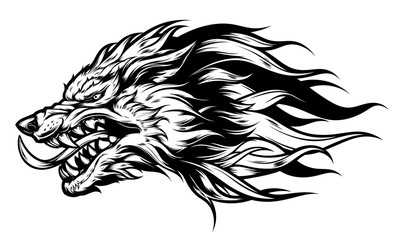 Angry wolf head black and white - obrazy, fototapety, plakaty