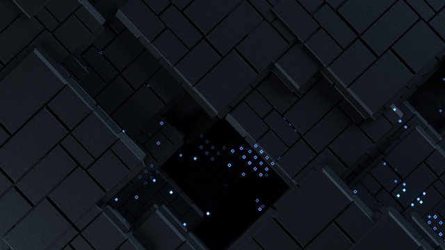 3d render. Abstract background with black cubes. Light dots on top. Technological background with depth of field.