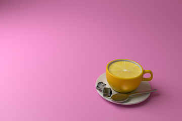 Iced Lemon Tea on a pink table cloth with the cup as same texture as a lemon. 3D Illustration