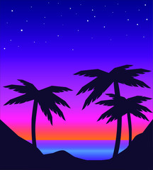 vector evening beach landscape with palms and sunset. silhouette palm trees on beach . sunset mountain landscape