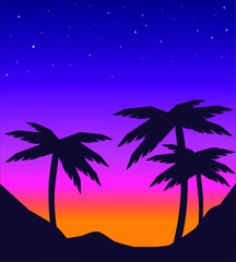 vector evening beach landscape with palms and sunset. silhouette palm trees on beach . sunset mountain landscape