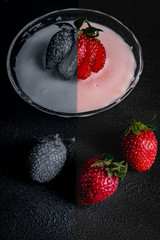 Close-up  strawberry pudding. Colorful, black and white.  Creative concept.