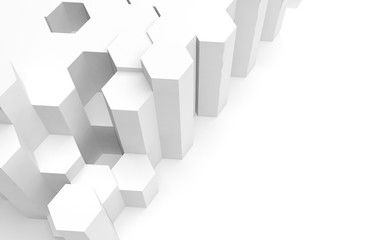 White abstract background with honeycomb. Hexagon bars isolated on white backdrop. 3D illustration