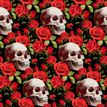 Seamless Halloween Pattern with Skulls and Red Roses on a Black Background.