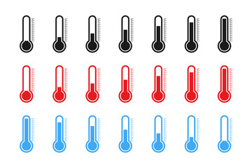 Thermometer vector icons collection. Temperature symbols. Hot and cold temperature symbol. Thermometer. Weather signs. Thermometer and temperature icons in flat design. Vector illustration