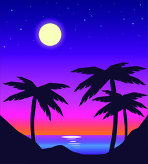 vector night  beach landscape with palms and sunset. silhouette palm trees on beach . sunset mountain landscape with moon and stars