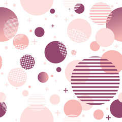 Seamless pattern with circles. Pink, purple circles. The Memphis style. White background. Geometrical figure. Seamless vector illustration with pink and purple geometric shapes. Printing on fabrics. 