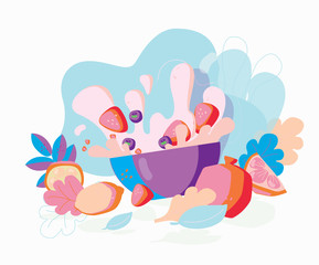 Fruit yogurt. Splashes of milk and berries and fruits.