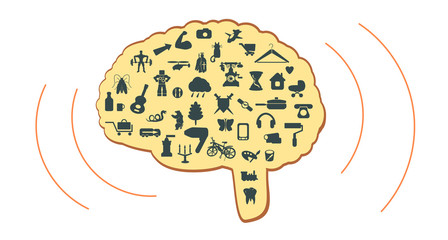 Brain ideas. Thoughts of man. Psychology of thinking. Different hobbies of man. Man ponders how to spend creative leisure time. Brain logo. Blank for book cover. Vector. Flat. Copy space.