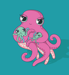 Lovely mom. Cute mom octopus with two octopus kids.