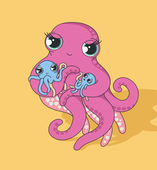 Lovely mom. Cute mom octopus with two octopus kids.