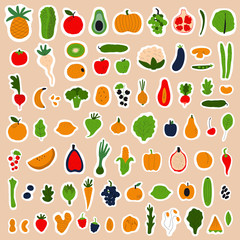 Healthy food concept. Colorful big stickers collection with fruits and vegetables. Flat vector illustration.