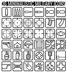 36 minimalistic military icons on the theme of weapons, ammunition, optical sights, grenades, mines, shells, ammunition, uniforms, camouflage, explosions, and protective equipment