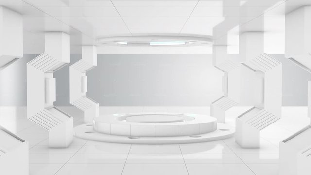 Flying into white futuristic 3d construction tunnel lab and circle stage center, 4k