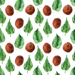  Watercolor seamless pattern with flowers, ripe fruits, branches and leaves of a kiwi tree